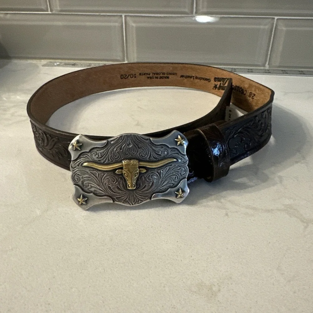 TONY LAMA KID'S LEATHER FLORAL AND LONG HORN BELT NWT Size 28 Brown